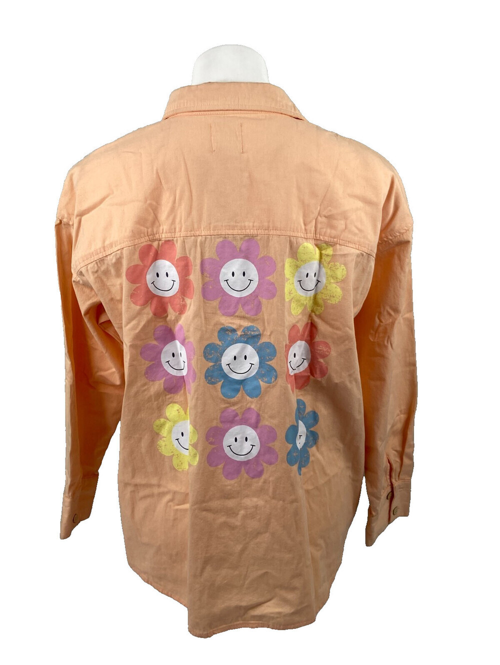 Fantastic Fawn Women Small Peach Button Front Shirt Happy Flower Casual
